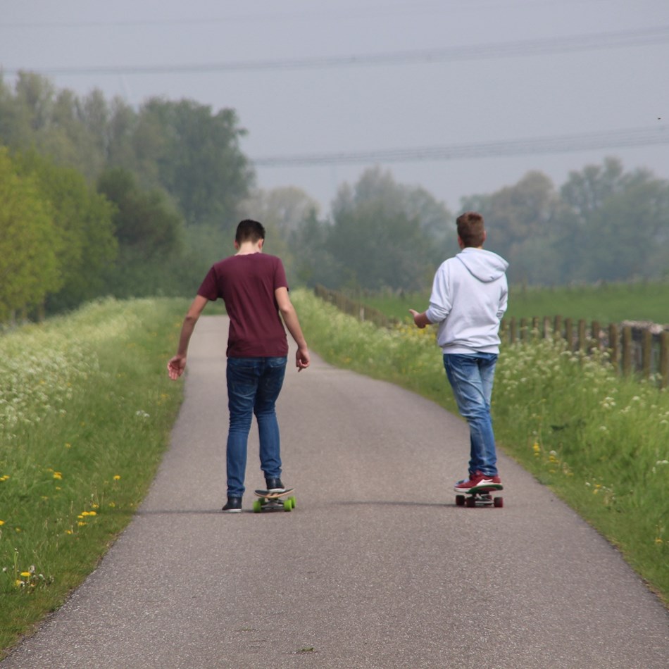 To unge drenge står på skateboard på en sti